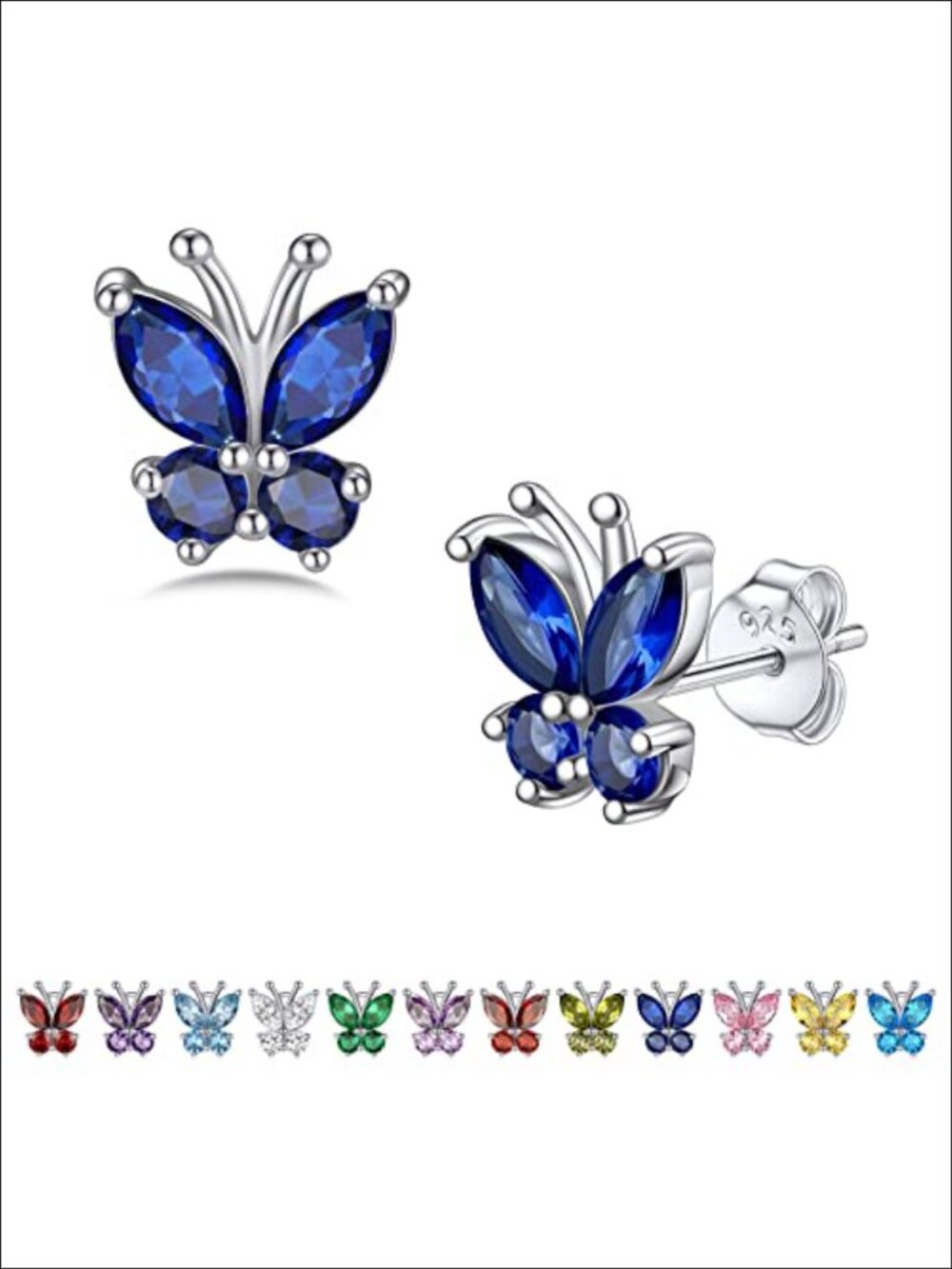 Sterling Silver Butterfly Stud Earrings with Created Sapphire Hypoallergenic